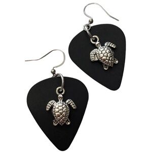 HAND Crafted Drop Earrings Repurposed Guitar Picks Save the Turtles Black Silver